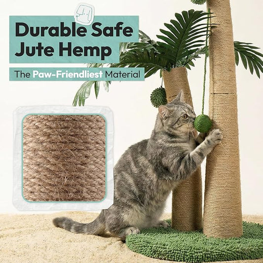 33" Tall Cat Scratching Post, Natural Jute Cat Scratcher for Indoor Cats, Double Coconut Tree Design with Hanging Toy Ball & Rest Platform,Stable Furniture Protector for Kittens & Adult Cats,M