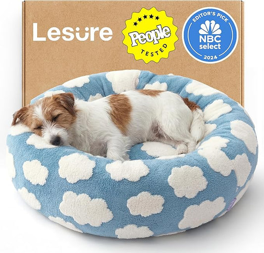 LE SURE Donut Small Dog Bed - Round Cat Beds for Indoor Cats as Gift, Cute Modern Home Decor Beds with Jacquard Shaggy Plush & Anti Slip Bottom, 27 Inch, Blue