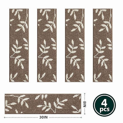Stair Treads for Wooden Steps Non Slip Stair Carpet, 4 Pack Stair Runners Indoor Stair Rugs for Elders and Pets Reusable Staircase Step Treads Covers, 30x8 Inches, Brown