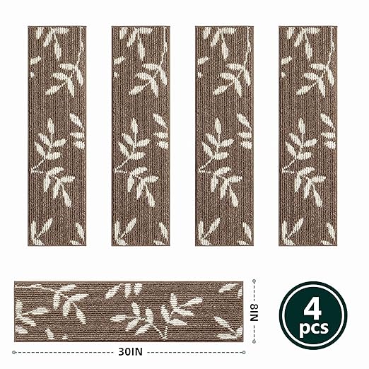 Stair Treads for Wooden Steps Non Slip Stair Carpet, 4 Pack Stair Runners Indoor Stair Rugs for Elders and Pets Reusable Staircase Step Treads Covers, 30x8 Inches, Brown
