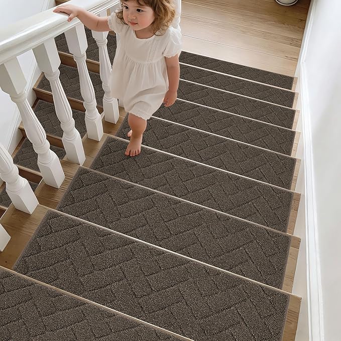BEQHAUSE Edging Stair Treads for Wooden Steps 9" x 28", Non Slip Carpet Stair Treads Indoor Stair Runners, Soft Stair Rugs, Machine Washable, 100% Polyester, TPE Backing, 15pcs, Brown