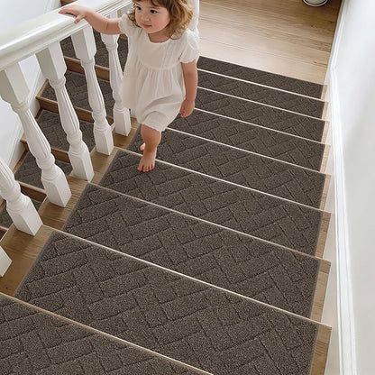 BEQHAUSE Edging Stair Treads for Wooden Steps 9" x 28", Non Slip Carpet Stair Treads Indoor Stair Runners, Soft Stair Rugs, Machine Washable, 100% Polyester, TPE Backing, 4pcs, Brown
