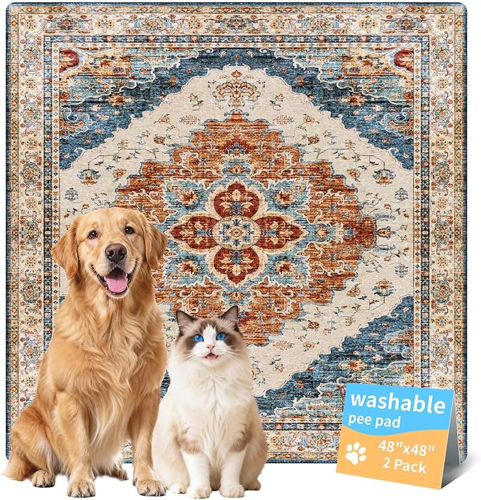 Washable Pee Pads for Dogs, Reusable Puppy Potty Training Pads, Ultra-Absorbent Thick Waterproof Leak-Proof Non-Slip Pads & Mat for Crate, Playpen, Floor, Whelping & Housebreaking , 2 Pack 48"x48"