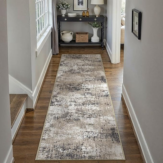 2x6 Abstract Runner Rug Brown Washable Modern Hallway Carpet Non Slip Ultra Soft Neutral Low Pile Contemporary Long Rug for Bathroom Laundry Kitchen Bedroom