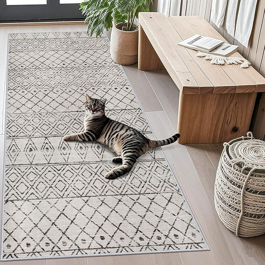3x6 Runner Rug Washable - Moroccan Hallway Runners Non Slip Pets Friendly Rug Low Pile Soft Indoor Floor Mat Front Door for Kitchen Bedroom Entryway Laundry 3x6 Geo Grey