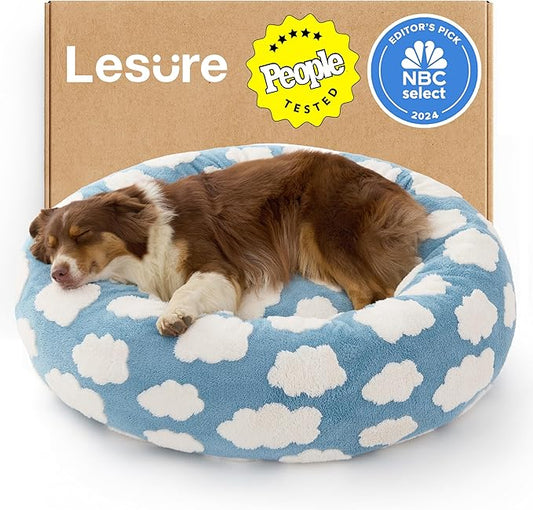Lesure Shown on TV Donut Dog Beds Large Size Dog - XL Calming Round Sofa as Present for Pets with Washable Cover, Orthopedic Home Decor Bed with Jacquard Shaggy Plush & Anti Slip Bottom, 36 Inch，Blue