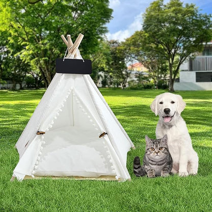 Pet Teepee, Portable Pet Tents for Small Dogs or Cats, Puppy Sweet Bed Washable Dog or Cat Houses with Cushion-White Flower Buds-M