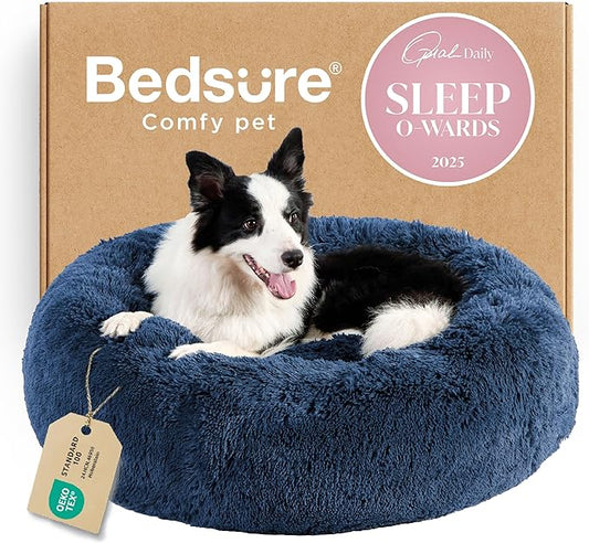 Bedsure Calming Dog Bed for Large Dogs - Donut Washable Large Pet Bed, 36 inches Anti Anxiety Round Fluffy Plush Faux Fur Dog Bed, Fits up to 80 lbs Pets, Navy