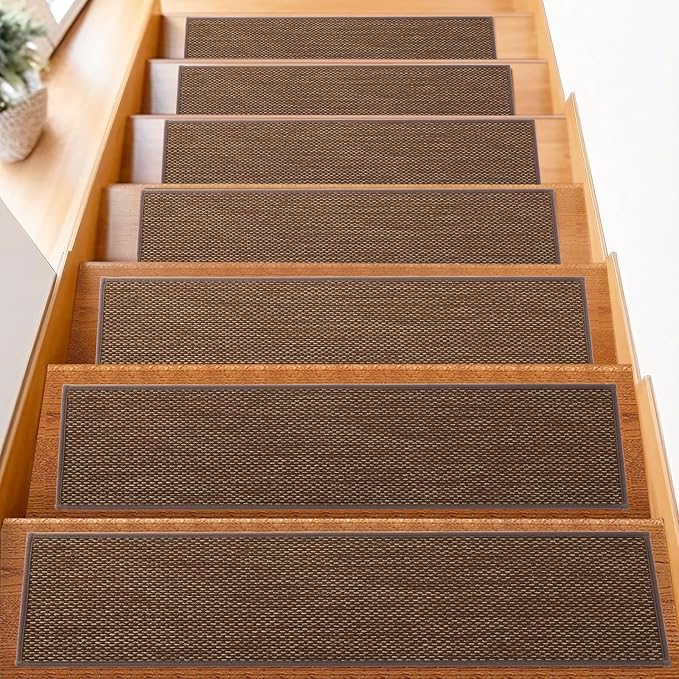 Natural Linen Stair Treads for Wooden Steps Indoor,8" X 30" (7 in Pack) Carpet Stair Treads for Wood Stairs, Machine Washable Stair Runners for Kids Elders and Pets,Brown