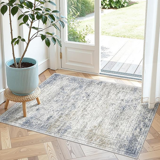 2x3 Washable Rug Runner for Bathroom, Soft Entryway Rug for Laundry Room, Kitchen, Vintage Abstract Hallway Runner for Bedroom, Anti-Slip Door Mat Indoor Entrance(2'x3', Blue/Brown/Ivory)