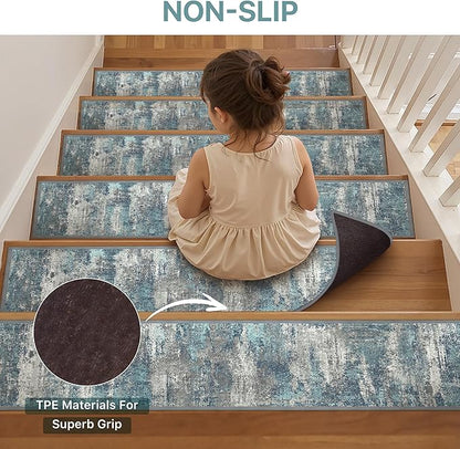 Non Slip Stair Treads for Wooden Steps 15PCS - 8"x30" Indoor Safety Carpet, Edging Mats with TPE Adhesive Backing, Pet and Elderly Friendly Stair Rugs (Blue&Grey)