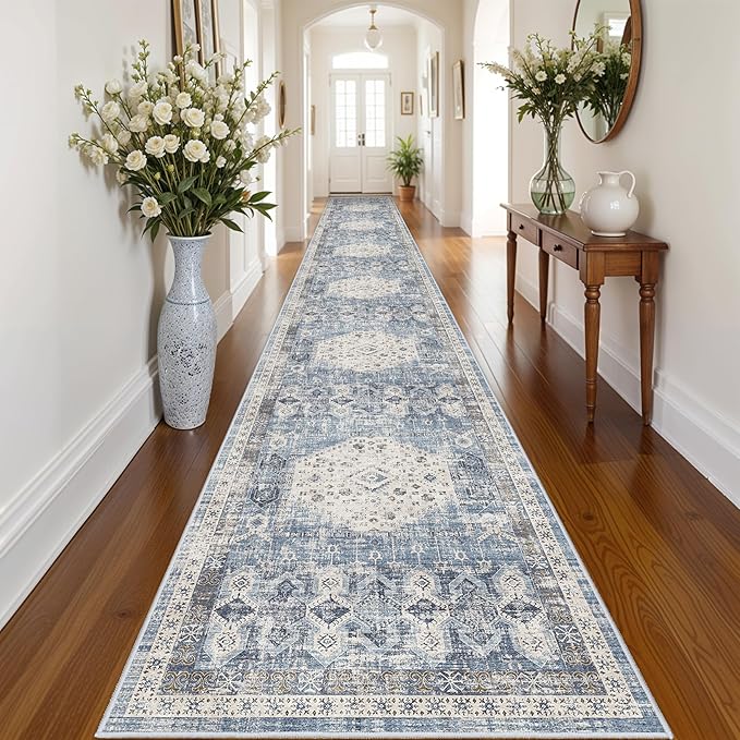 RUUGME 3x20 Hallway Runner Rug: Easy Clean Vintage Washable Carpet for Entryway Hall Non Slip Stain Resistant Kitchen Rugs Soft Home Decor Floor Mat - Perfect for Wedding Ceremony 3'x20' Aqua Blue
