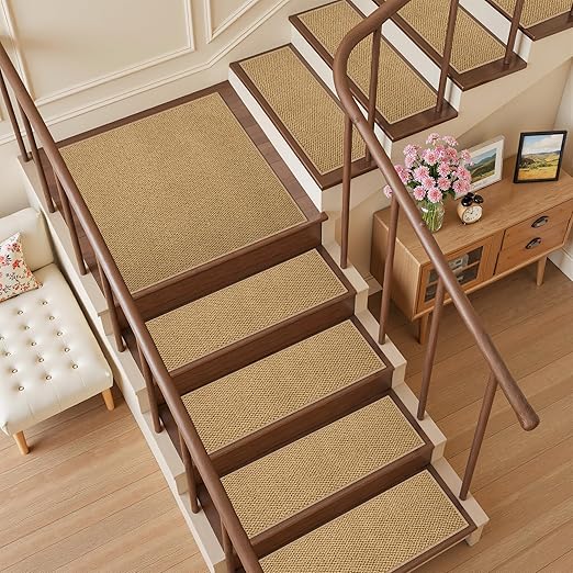 4PCS Non-Slip Stair Treads - 8"x30" Edging Stair Treads for Wooden Steps Washable Peel and Stick Indoor Stairs Tread Rug Stain Resistant Staircase Mat for Kids and Pets (4pc, Brown)