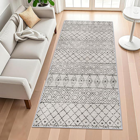 4x8 Rug Machine Washable - Moroccan Hallway Runner Rug Non Slip Pets Friendly Runner Low Pile Soft Indoor Floor Mat Front Door for Kitchen Bedroom Entryway Laundry 4x8 Geo Grey
