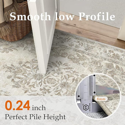 2x7 Runner Rug Beige Washable Hallway Kitchen Bedroom Vintage Distressed Bathroom Non Slip Medallion Floral Carpet Indoor Retro Throw Floor Mat for Office Dining Laundry Living Room