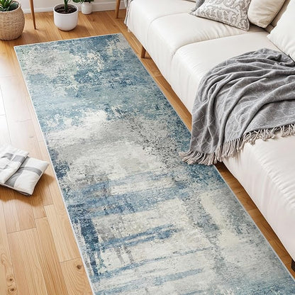 8 Foot Runner Rug: Washable Non-Slip Abstract Carpet for Kitchen Entryway Bedroom - Soft Stain Resistant Easy Clean Mat for Family with Pets 2.6x8 Blue
