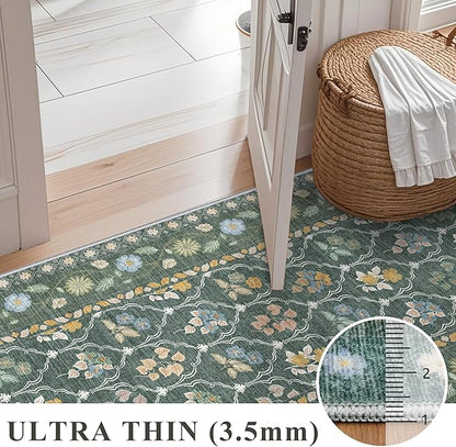 2.6x12 Kitchen Runner Rug Washable - Vintage Non Slip Hallway Rugs Low Pile Carpet for Bedroom Laundry Soft Indoor Floor Mat - Safe Durable Choice for Married Women with Kids & Pets 2’6x12 Green