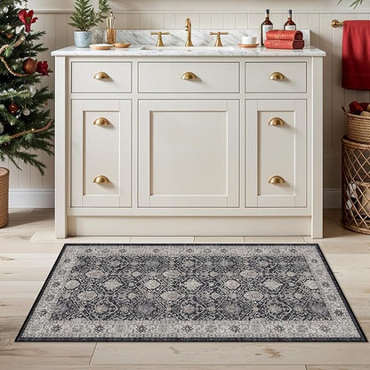 Washable 2x3 Entryway Area Rug: Vintage Soft Thin Door Mat with Non Slip Backing Water Resistant Carpet for Bedroom Low Pile Floor Mat for Kitchen Bathroom Easy Clean Rug for Family (2 X 3, Black)