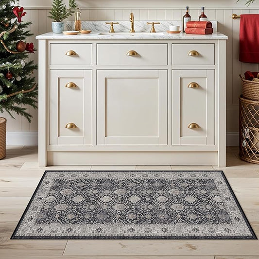 Washable 2x3 Entryway Area Rug: Vintage Soft Thin Door Mat with Non Slip Backing Water Resistant Carpet for Bedroom Low Pile Floor Mat for Kitchen Bathroom Easy Clean Rug for Family (2 X 3, Black)