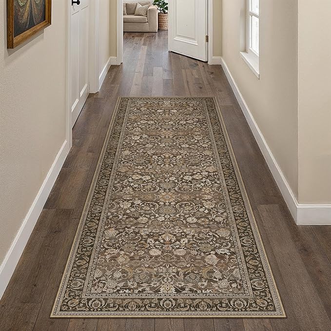 Brown Runner Rug 2x6 Washable Vintage Floral Long Carpet for Hallway Soft Low Pile Non Slip Indoor Accent Rug Retro Distressed Throw Rug for Bathroom Bedroom Laundry Dining Room