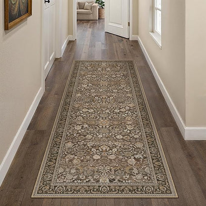 Brown Runner Rug 2x6 Washable Vintage Floral Long Carpet for Hallway Soft Low Pile Non Slip Indoor Accent Rug Retro Distressed Throw Rug for Bathroom Bedroom Laundry Dining Room