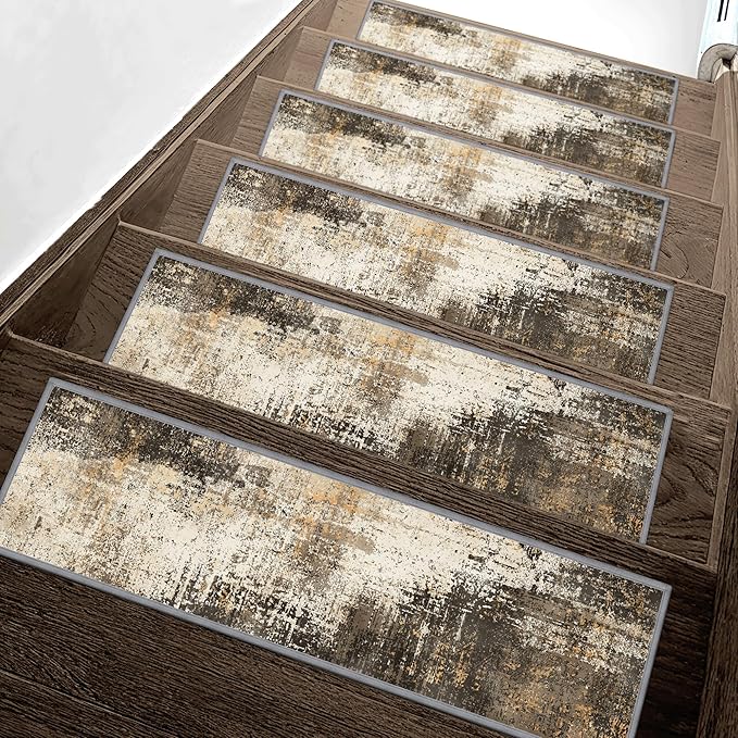 Carpet Stair Treads Non Slip 15PCS, 8" X 30" Edging Stair Runner for Wooden Steps Indoor, Resistant Stair Rugs with Reusable TPE Adhesive Backing, Residue Mat for Elders, Pets, Chestnut/Smoke