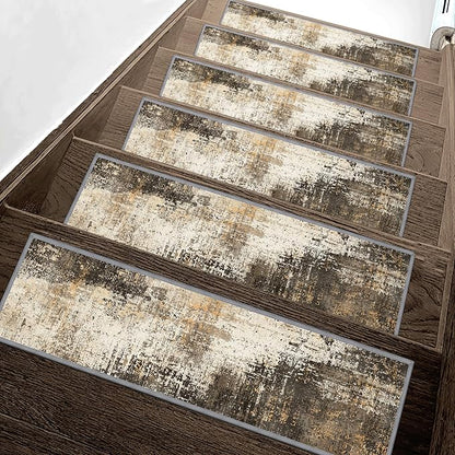 Carpet Stair Treads Non Slip 15PCS, 8" X 30" Edging Stair Runner for Wooden Steps Indoor, Resistant Stair Rugs with Reusable TPE Adhesive Backing, Residue Mat for Elders, Pets, Chestnut/Smoke