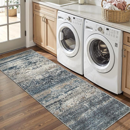 Art&Tuft Runner Rug 2'6x8' - Anti-Slip Backing Abstract Hallway Rug, Stain Resistant Kitchen Rugs, Foldable Machine Washable Area Rug(TPR19-Navy, 2'6x8')