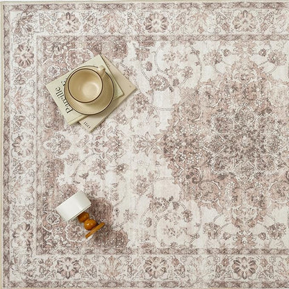 Washable Runner Rug 2x6 for Hallway Brown Vintage Long Carpet Soft Low Pile Non Slip Throw Rug Floral Distressed Accent Rug for Entryway Bathroom Office Laundry Dining Room