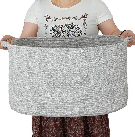 Large Rectangle Blankets Basket Living Room 22"x17"x12" Woven Cotton Rope Storage Baskets for Nursery Toy Baskets for Kids and Dogs Laundry Basket Bin for Clothes Towels grey