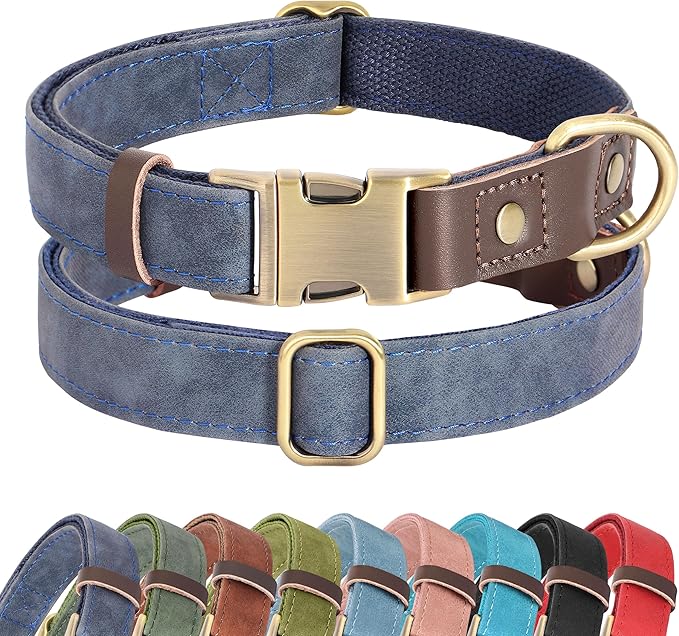 Didog Soft PU Leather Dog Collar for Large Dogs,Classic Adjustable Dog Collars with Quick Release Metal Buckle,Easy Clean and Comfortable with Nylon Lining,Blue,L Neck 16-23"