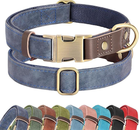 Didog Soft PU Leather Dog Collar for Large Dogs,Classic Adjustable Dog Collars with Quick Release Metal Buckle,Easy Clean and Comfortable with Nylon Lining,Blue,L Neck 16-23"