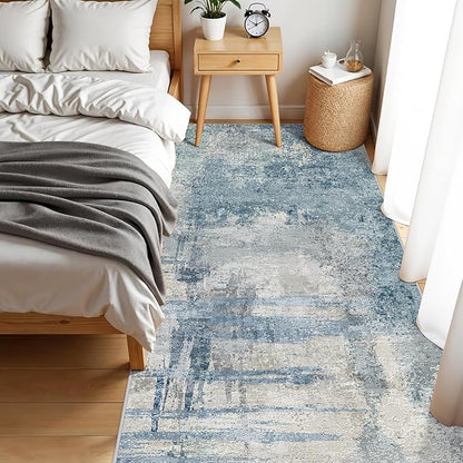 Washable Wide Runner Rug 4x10 : Modern Abstract Hallway Rugs - Non-Slip Thin Rug for Kitchen, Living Room, Bedroom - Easy Clean Carpet for Long Spaces - Soft Low Pile Floor Mat 4x10 Blue