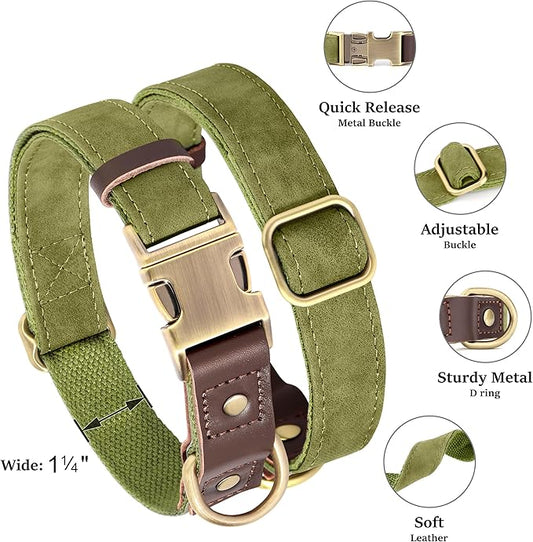 Didog Soft PU Leather Dog Collar for Large Dogs,Classic Adjustable Wide Dog Collars with Quick Release Metal Buckle,Easy Clean and Comfortable with Nylon Lining,Olive Green,XL Neck 20-27", Width 1.2"