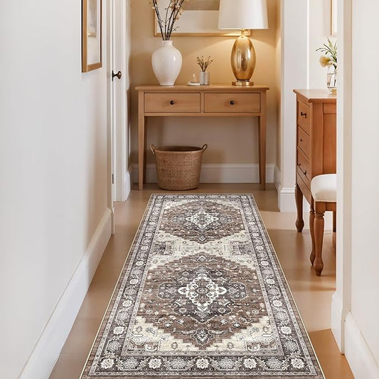Washable 3x6 Hallway Area Rug: Vintage 6ft Water Resistant Soft Runner Rug for Entryway Kitchen Non Slip Wide Low Pile Carpet for Living Room Bedroom Thin Floor Mat for Bathroom Dining Room(Brown,3x6)