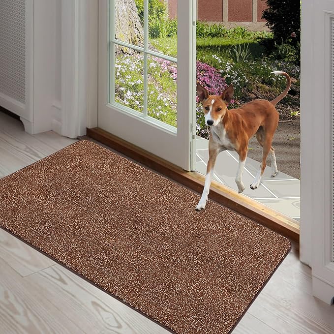 ITSOFT Dirt Trapper Indoor Door Mat & Entrance Rug For Wet Muddy Shoes and Pet Paws, Non-Slip Machine Washable, Shoe Scraper, Absorbent Welcome Dog Mat for Front Door, Entry Way (35x24, Brown & Camel)