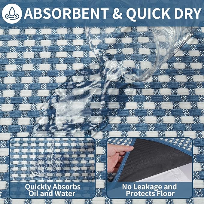 Kitchen Mat Kitchen Rugs Sets of 2 PCS Non Slip Washable, Super Absorbent Soft Braided Kitchen Mats for Floor, Rubber Backing Comfort Standing Kitchen Sink Mat Runner Rug, Blue 17"x28"+17"x47"