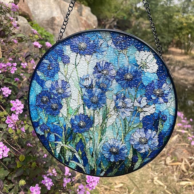 Cornflower Blue Suncatcher for Window and Garden - 7.8 in Handmade Stained Glass Suncatcher for Outdoor Decor, Rainbow Maker Gift for Mom, Housewarming, Birthday, Christmas - Home Decor