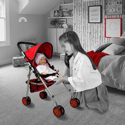 The New York Doll Collection My First Doll Stroller with Basket, Foldable Doll Stroller (Red Quilted)