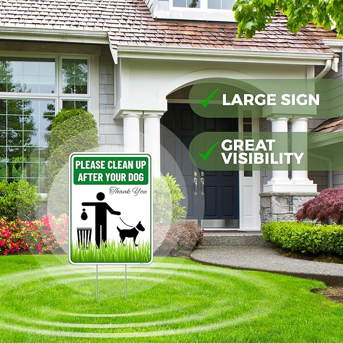 2PC Clean Up After Your Dog Sign with Stakes, 9 Inches by 12 Inches - Corrugated Plastic - Please Pick Up Your Dog Poop Yard Grass Lawn Sign