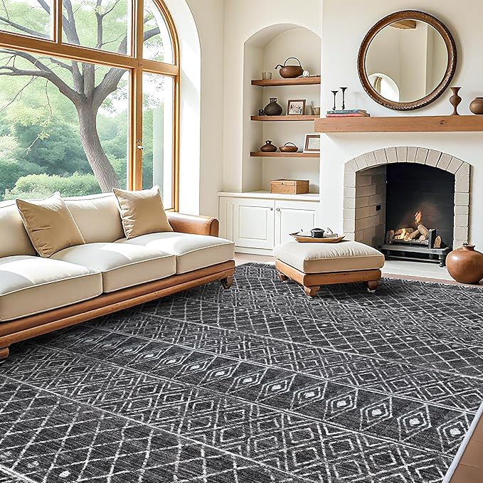 10 x 12 Area Rug - Modern Living Room Area Rugs Washable Moroccan Rugs Low Pile Non Slip Carpets Soft Indoor Thin for Bedroom Dining Room Office 10x12 Black