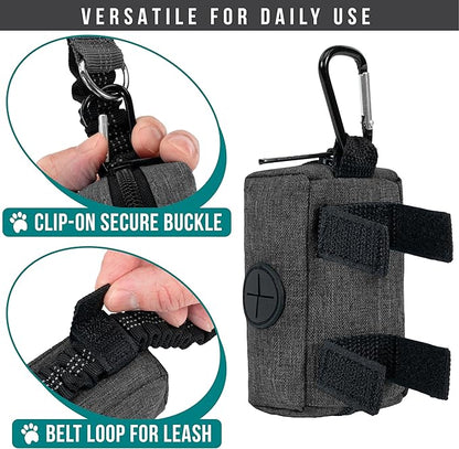 PetAmi Dog Poop Bag Holder & Waste Bag Dispenser with Clip-On Pouch Includes 1 Roll of Pet Waste Bags Portable Dog Walking Accessories for Leash, Belt or Backpack, Black/Gray, 2Pack
