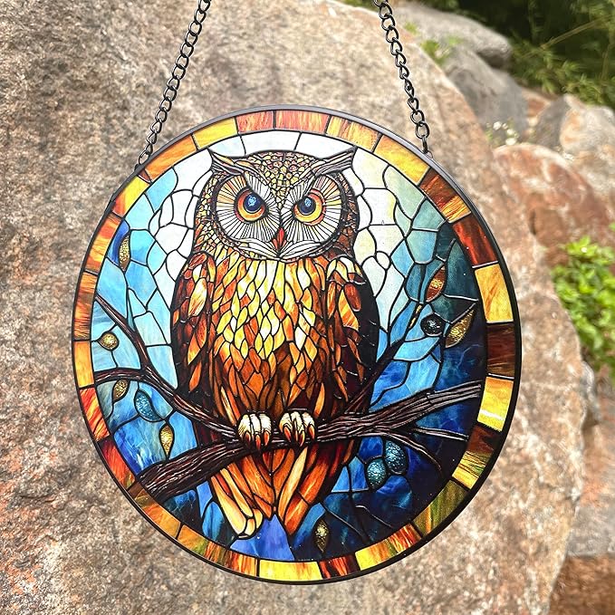 Owl Stained Glass Suncatcher,7.8-in Colorful Bird Window Hanging Ornament for Indoor & Outdoor Decor, Gift for Bird Lovers, Women, Mom, Grandma, Living Room, Garden, Porch, Housewarming