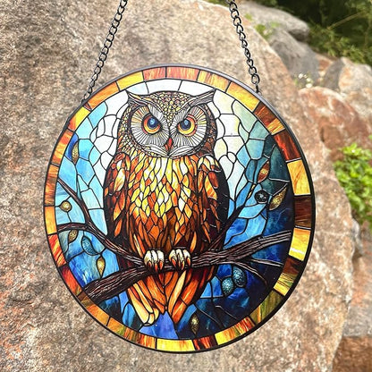Owl Stained Glass Suncatcher,7.8-in Colorful Bird Window Hanging Ornament for Indoor & Outdoor Decor, Gift for Bird Lovers, Women, Mom, Grandma, Living Room, Garden, Porch, Housewarming