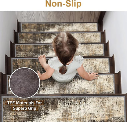 Carpet Stair Treads Non Slip 15PCS, 8" X 30" Edging Stair Runner for Wooden Steps Indoor, Resistant Stair Rugs with Reusable TPE Adhesive Backing, Residue Mat for Elders, Pets, Chestnut/Smoke