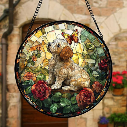 Stained Glass Window Hanging, Cute Dog and Flowers Suncatcher for Doors Home Butterfly Sun Catchers Decoration and Christmas, Mother's Day Birthday Gifts for Women, Men, and Mom 9.8 in