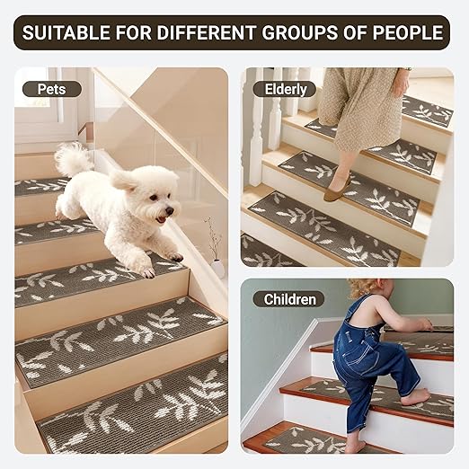 Carpet Stair Treads, Non-Slip Stair Treads for Wooden Steps Indoor, 30”x8” Stair Runner for Pets Non Skid Wood Staircase Step Treads Reusable, Set of 15, Brown