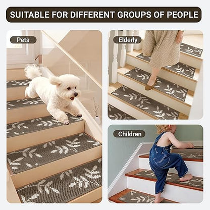 Carpet Stair Treads, Non-Slip Stair Treads for Wooden Steps Indoor, 30”x8” Stair Runner for Pets Non Skid Wood Staircase Step Treads Reusable, Set of 15, Brown