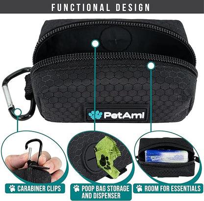PetAmi Dog Poop Bag Holder & Waste Bag Dispenser with Clip-On Pouch Includes 1 Roll of Pet Waste Bags Portable Dog Walking Accessories for Leash, Belt or Backpack, Black/Gray, 2Pack
