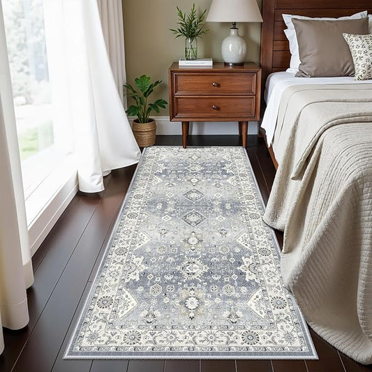 2x5 Washable Kitchen Area Rug: Oriental Stain Resistant Sink Stove Rug Farmhouse Soft Low-Pile Carpet for Entryway Bathroom Thin Laundry Room Living Room Floor Mat with Non Slip Backing (2x5,Grey)